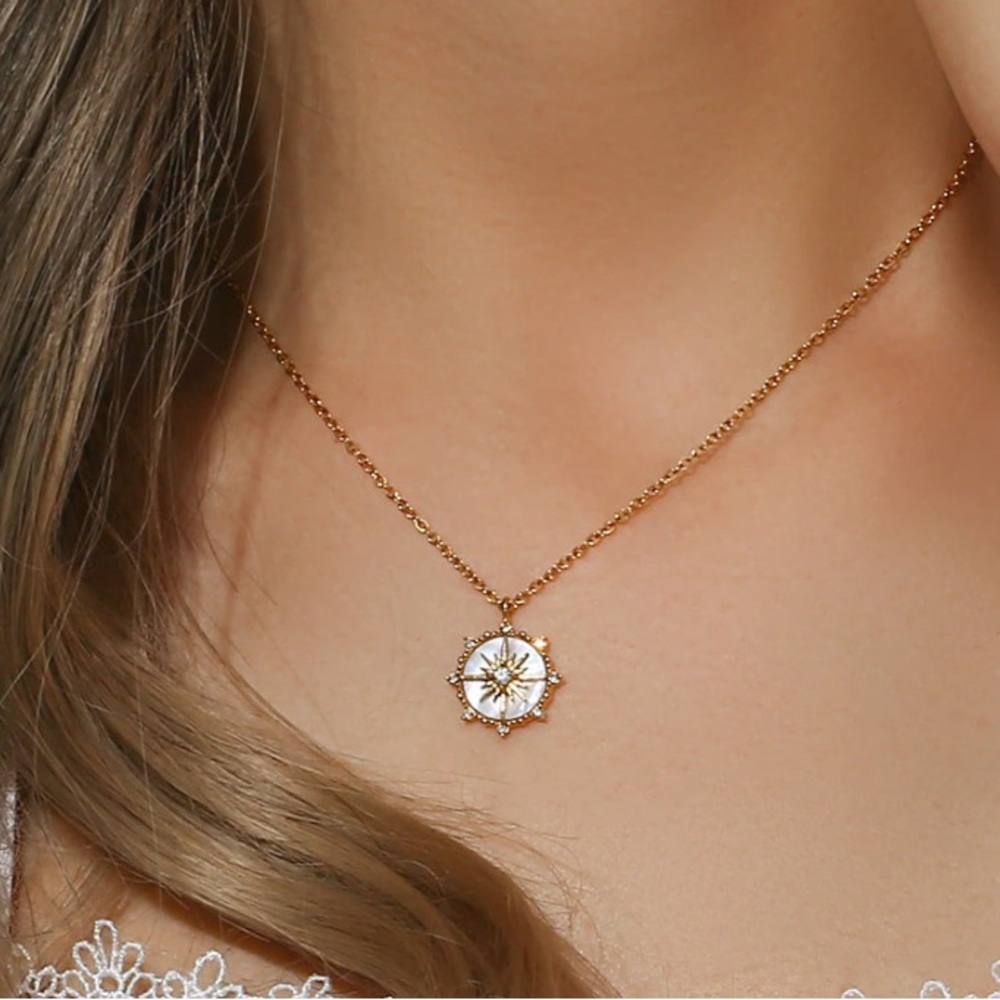 Gold Compass Starburst Pendant Necklace – Mother of Pearl & CZ - Picture 4 of 5